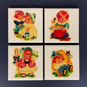 Vintage 1950s Childrens Mosaic Tiles Set of 4 Nursery Rhyme Theme Wall Decor